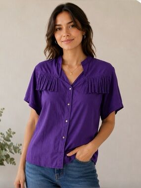 ROPER Purple Fringe Button-Down Cotton Short Sleeve Shirt